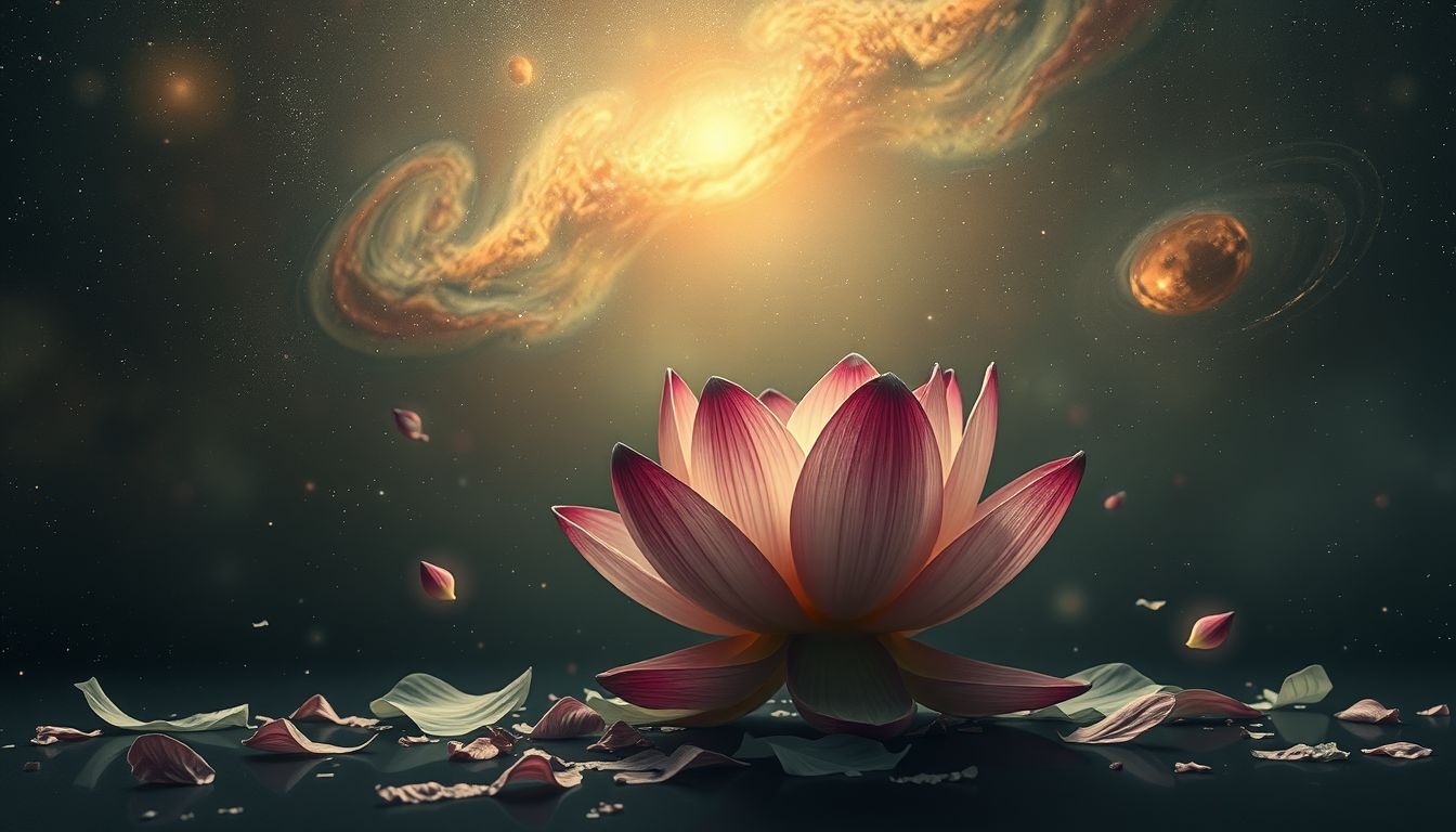 Zwiędły lotos symbolizuje smutek i potrzebę wewnętrznej odnowy.