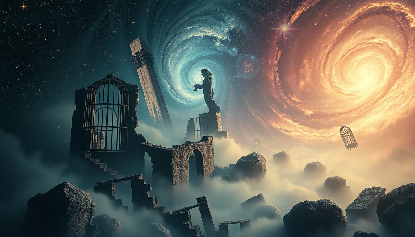 Ruiny więzienia symbolizują pragnienie wolności i przełamania ograniczeń.