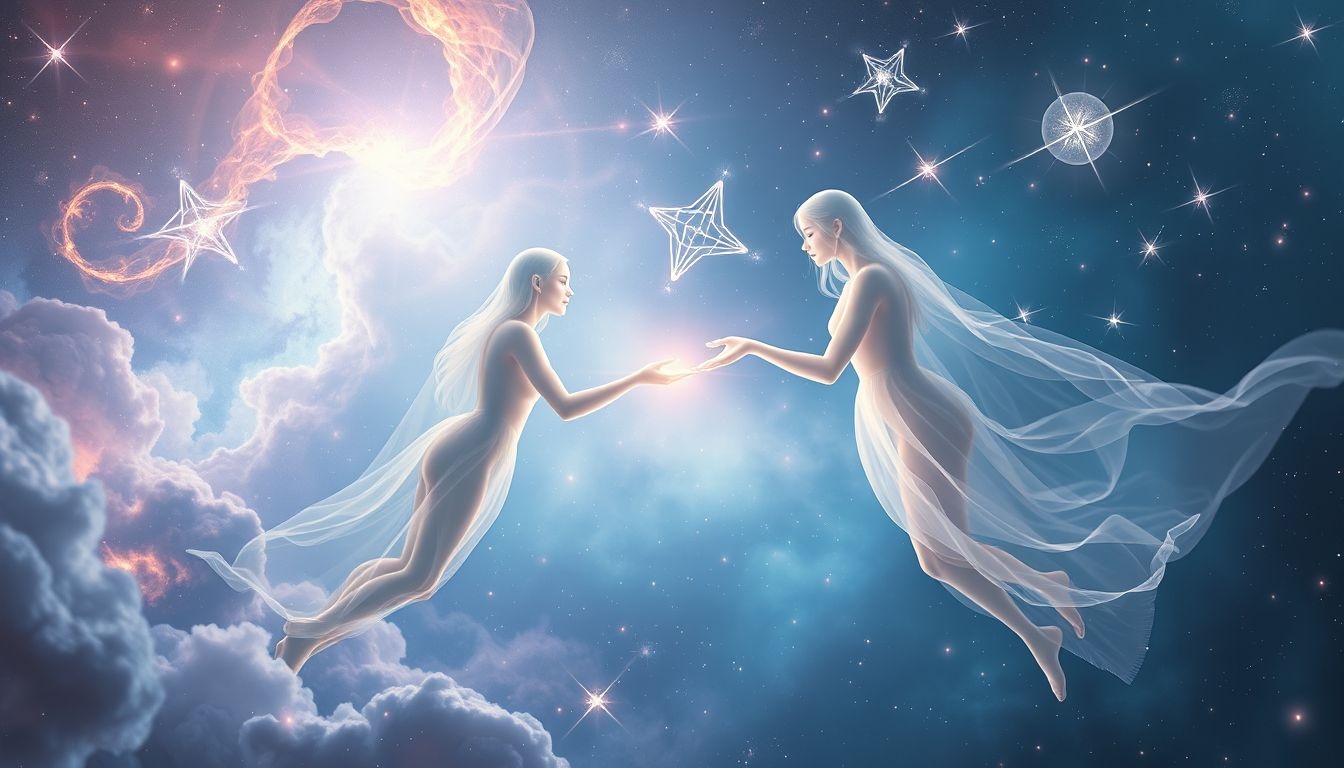 Kosmiczna miłość symbolizuje duchowe połączenie poza granicami czasu.