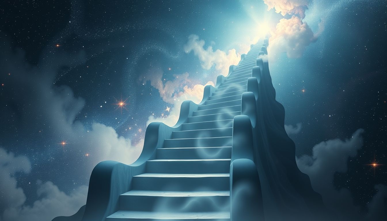 Wspinaczka po stromych schodach symbolizuje pokonywanie życiowych wyzwań.