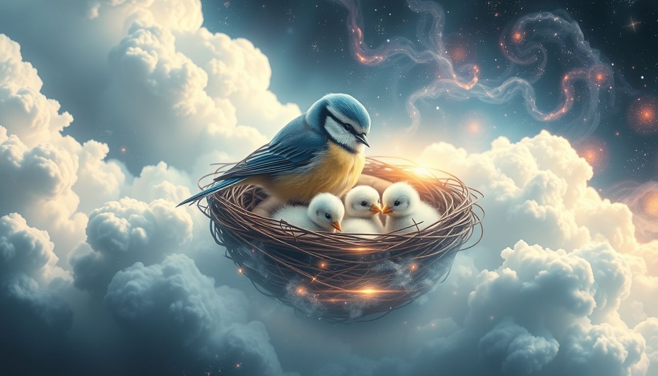 Sikora modra w gnieździe symbolizuje troskliwą opiekę i ochronę.