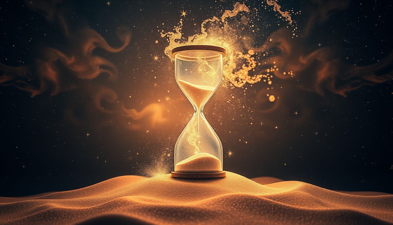 Zegar piaskowy symbolizuje nieuchronny upływ i przemijanie czasu.