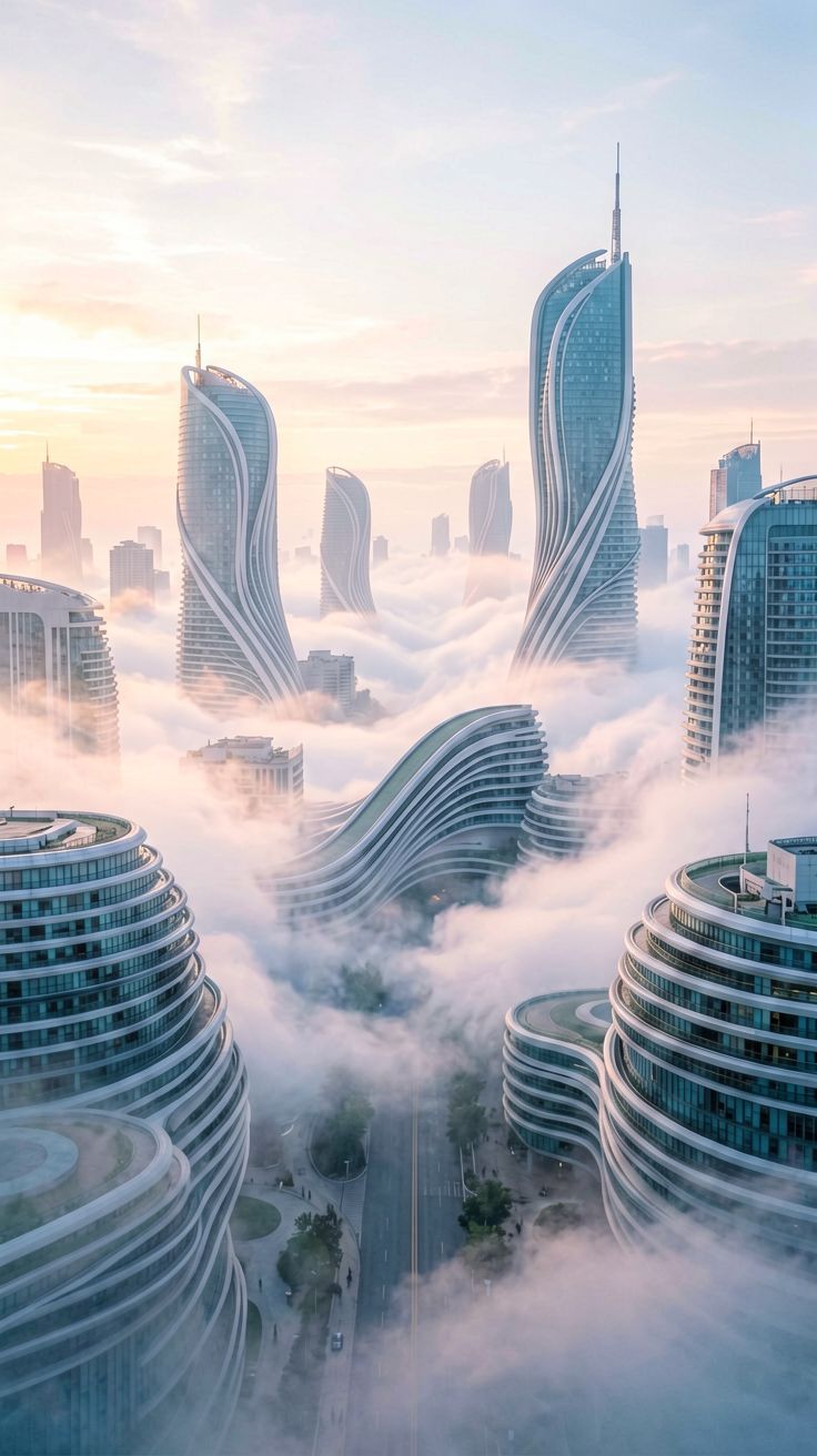 Architektura budynków z widocznymi krzywymi liniami.