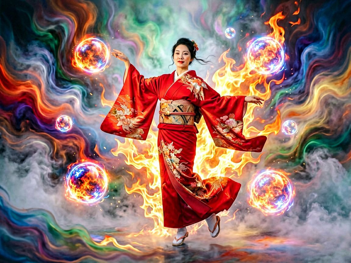 Czerwone kimono symbolizujące pasję i siłę życiową.