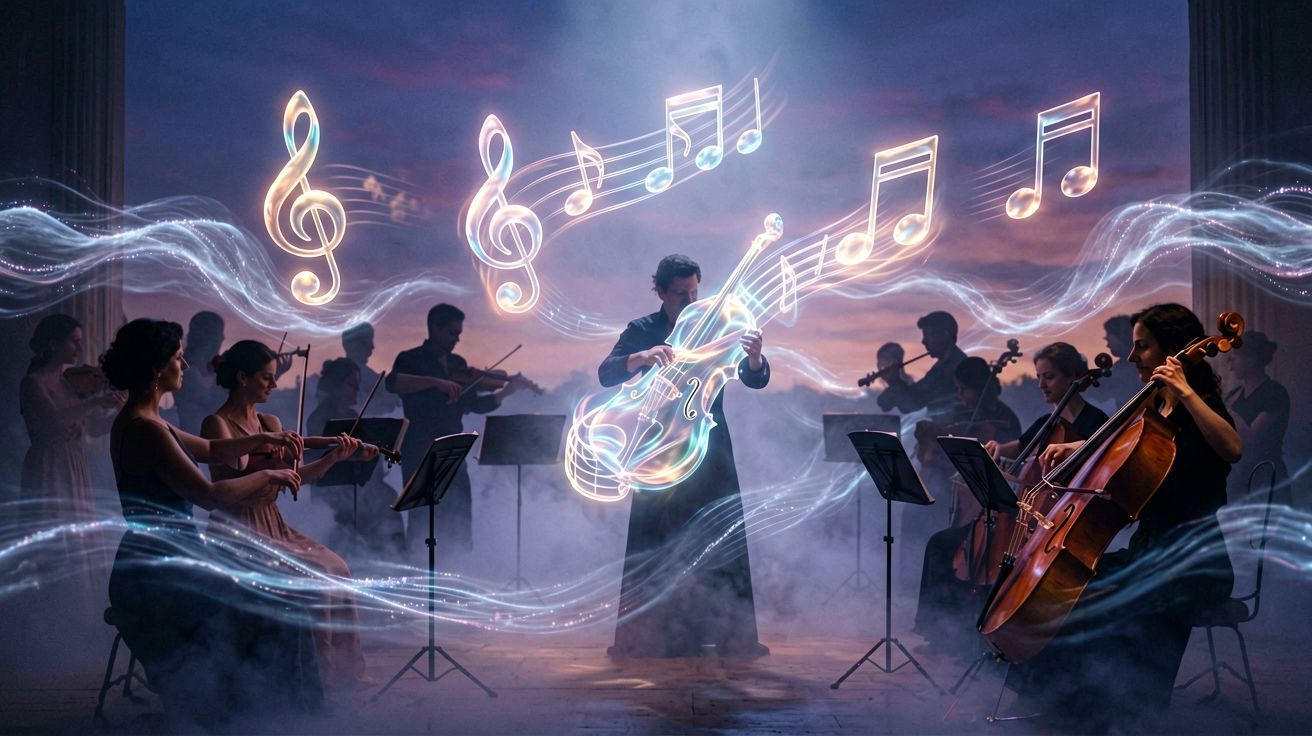 Próba orkiestry symfonicznej z muzykami grającymi instrumenty