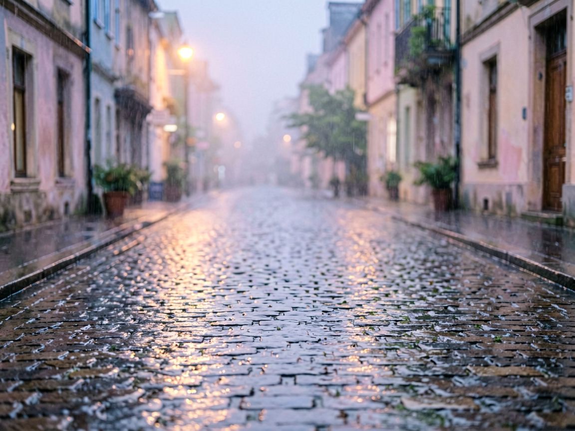 Mokry bruk od deszczu symbolizujący emocje i oczyszczenie