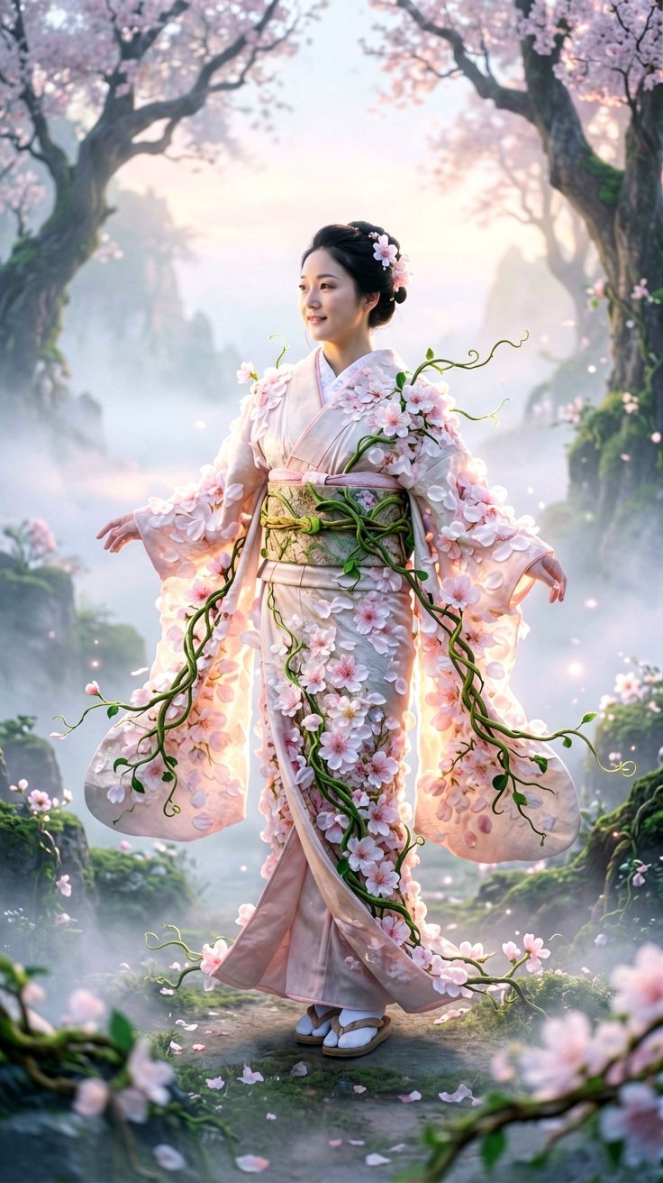 Kimono z misternymi kwiatowymi i roślinnymi wzorami.