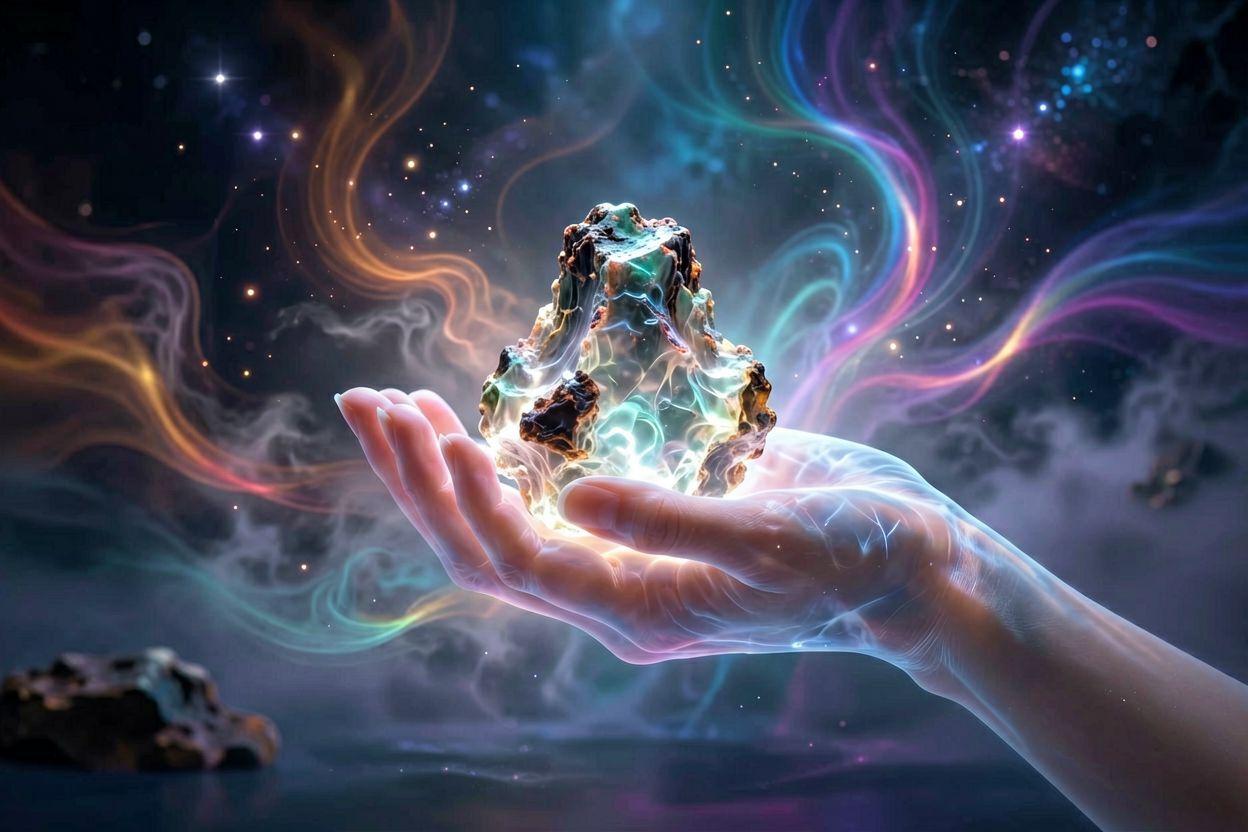 Dłoń trzymająca czarną skałę wulkaniczną na tle nieba