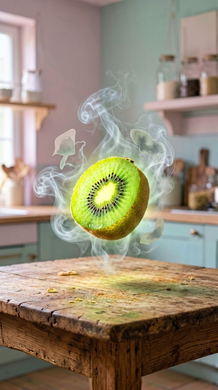 Zepsute kiwi na kuchennym blacie we śnie.