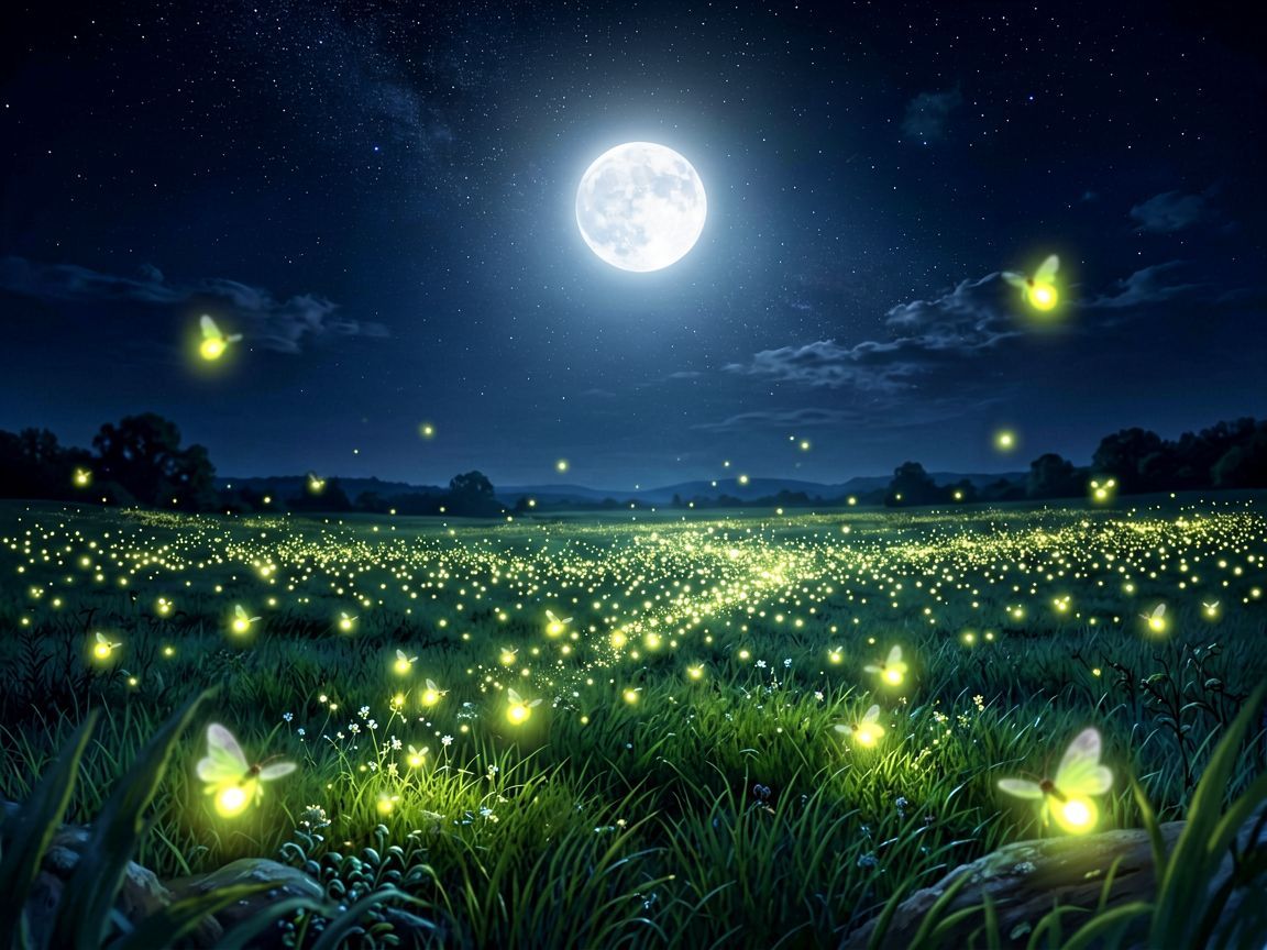 Świetliki świecące na dużym polu nocą.