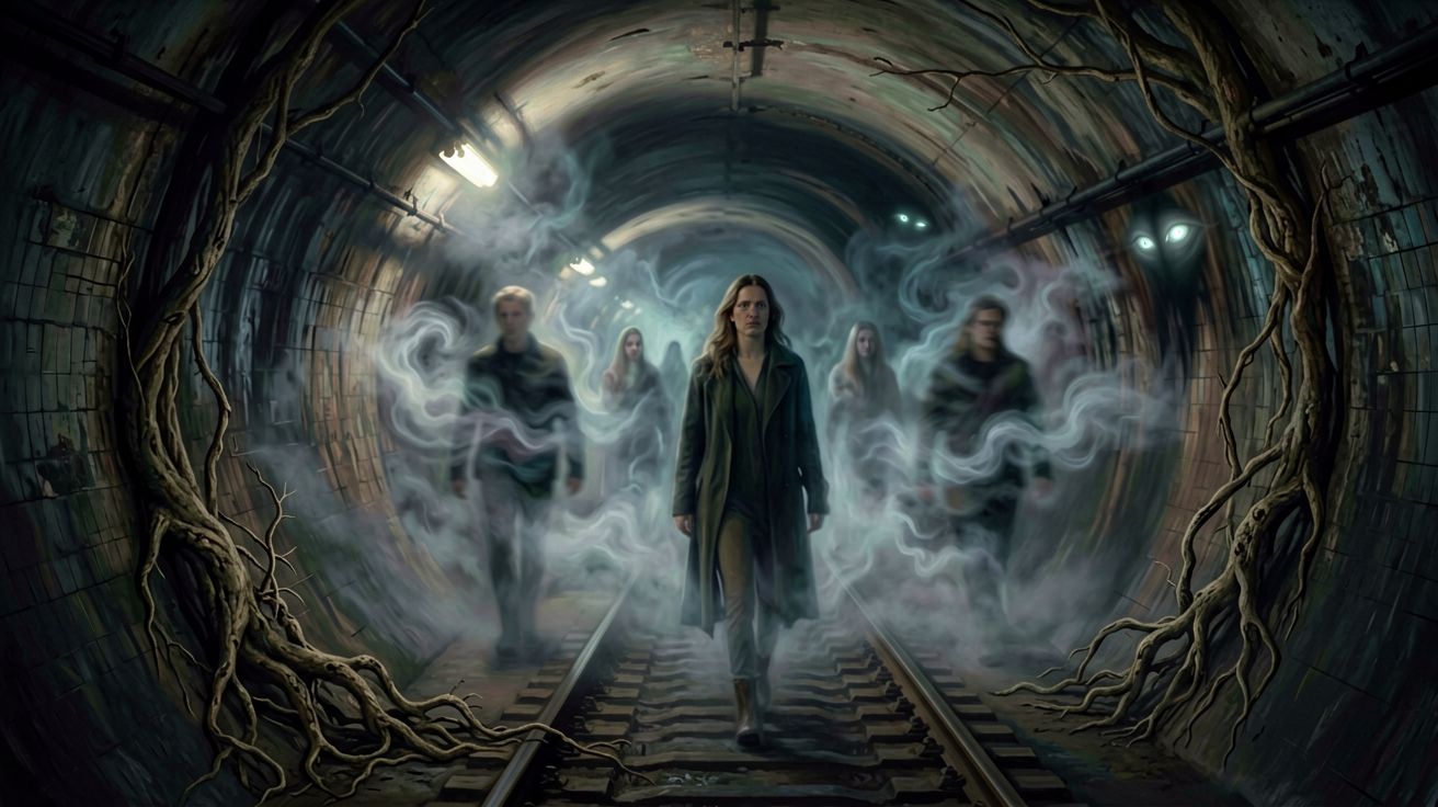 Ilustracja symbolizująca lęki wewnętrzne w śnie o metrze