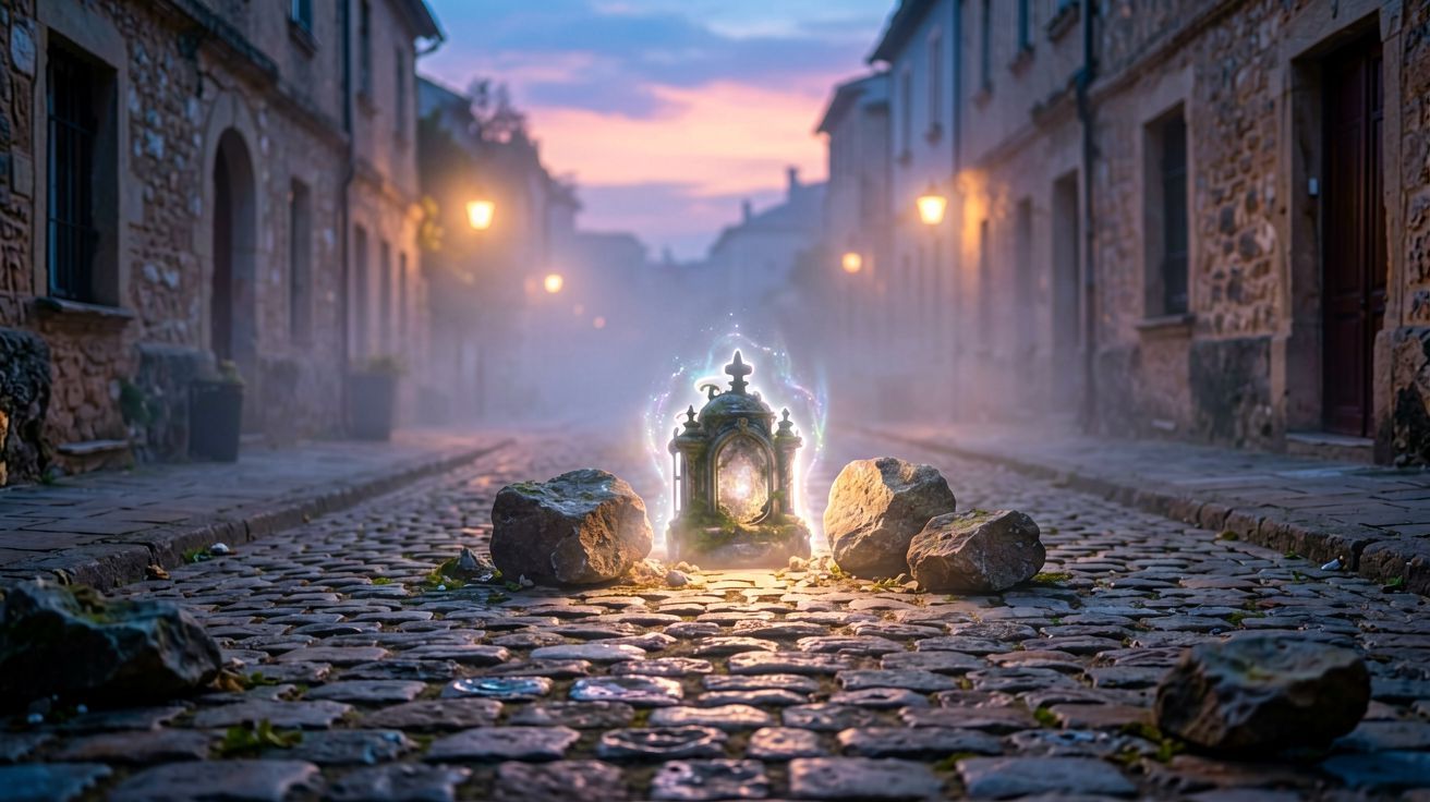 Zgubiony przedmiot na brukowanej ulicy nocą.