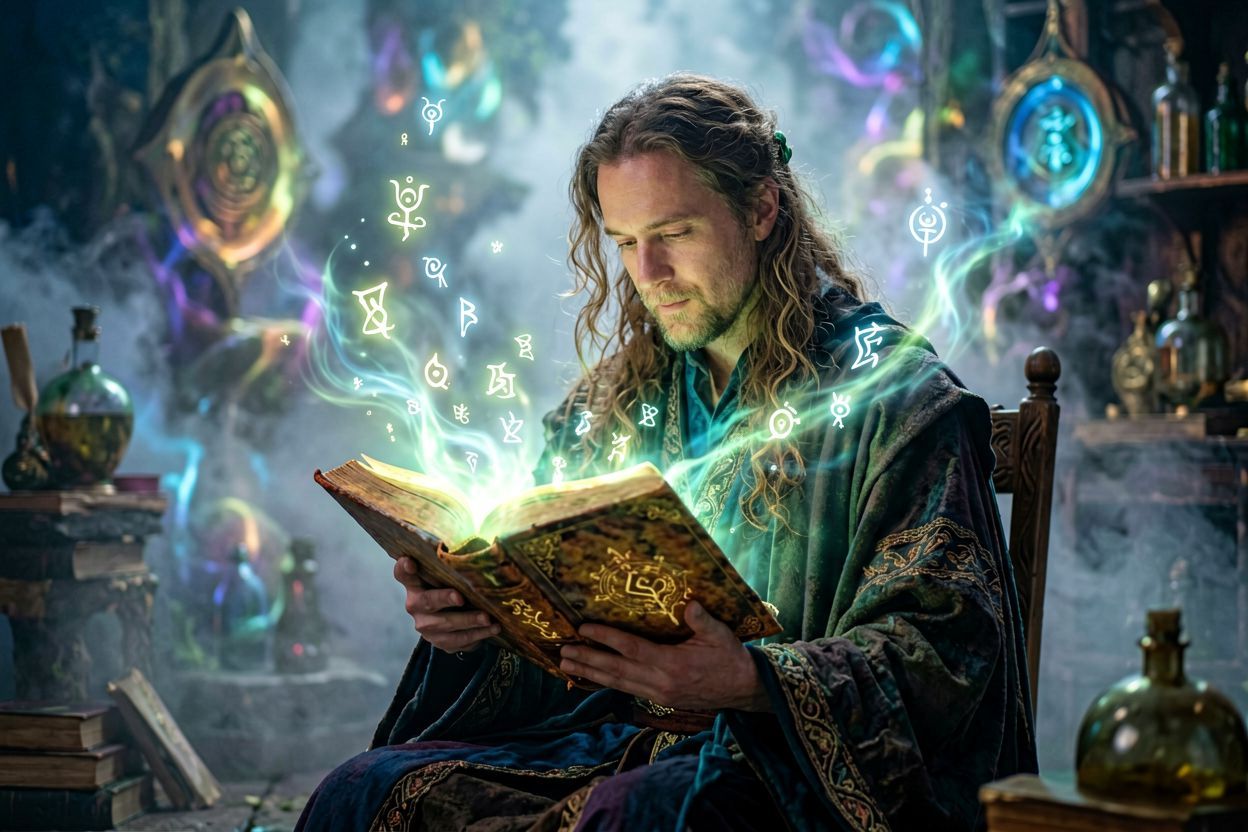 Alchemik czytający starodawną księgę pełną symboli magicznych