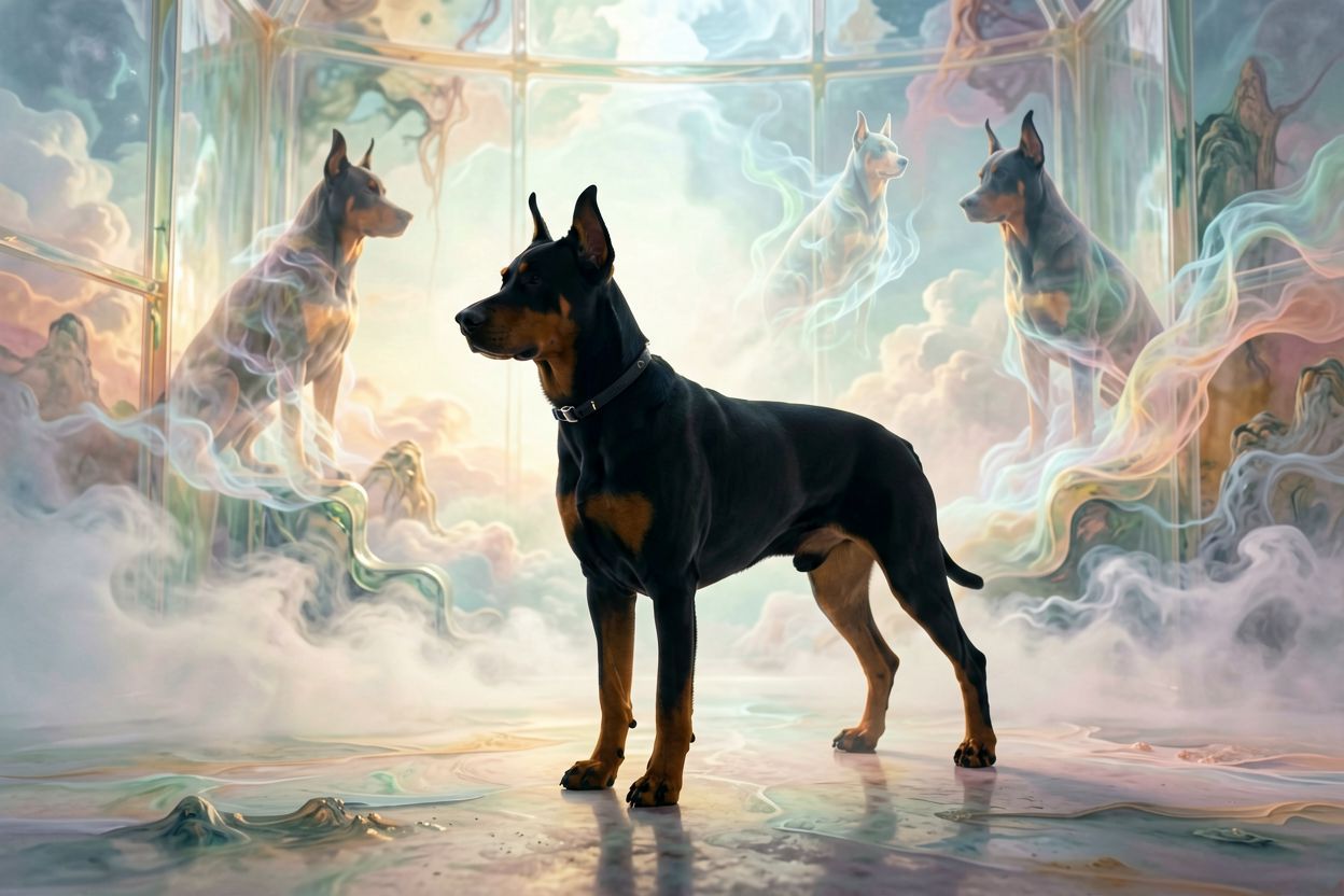Doberman odpoczywający wewnątrz nowoczesnego domu.