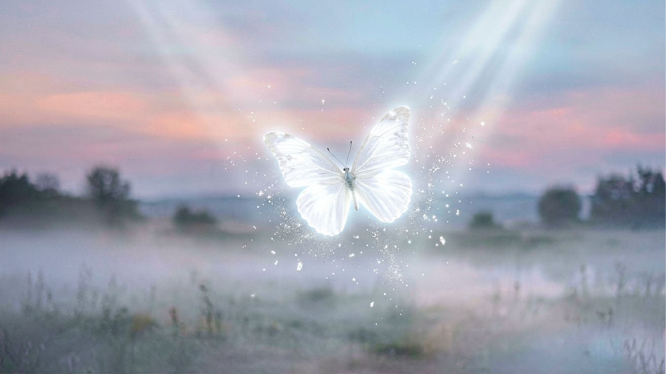 Biały motyl przelatujący symbolizujący duchowość i przemianę.