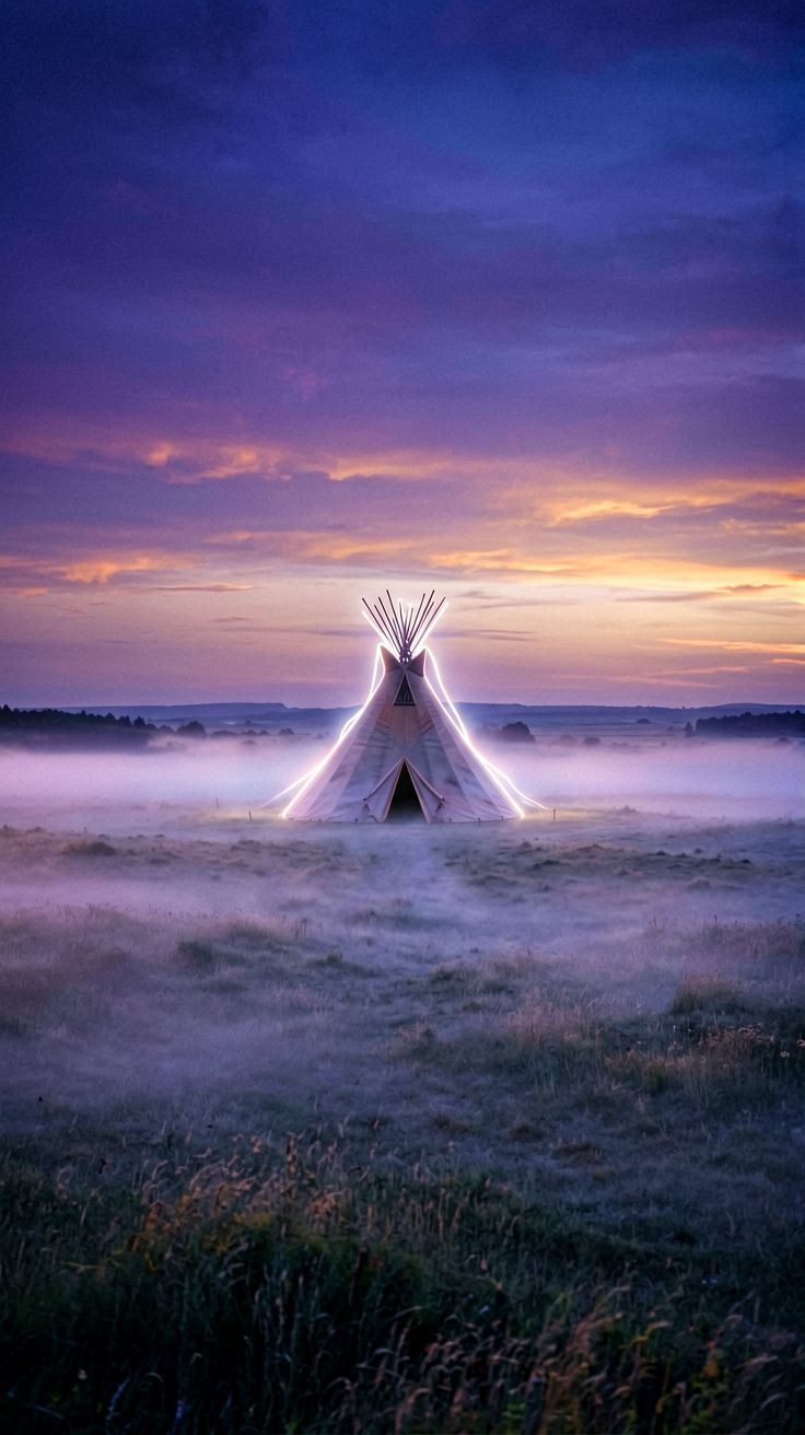 Widok tipi w oddali symbolizujący duchową podróż.