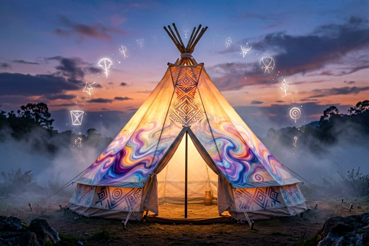 Zdobienia i malowidła na tradycyjnym płótnie tipi.