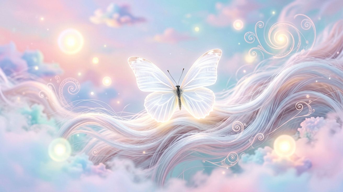 Biały motyl delikatnie we włosach kobiety, symbol snu