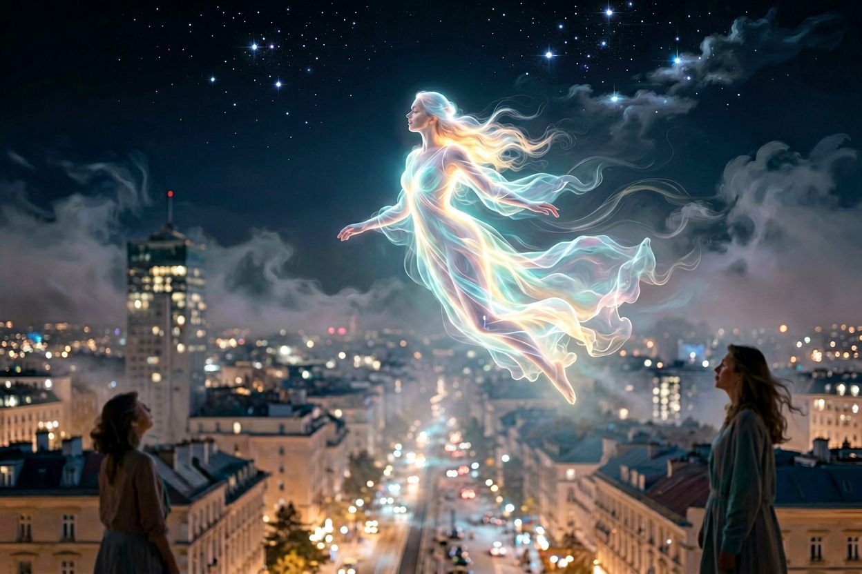 Latanie świetlistej postaci nad miastem nocą w senniku