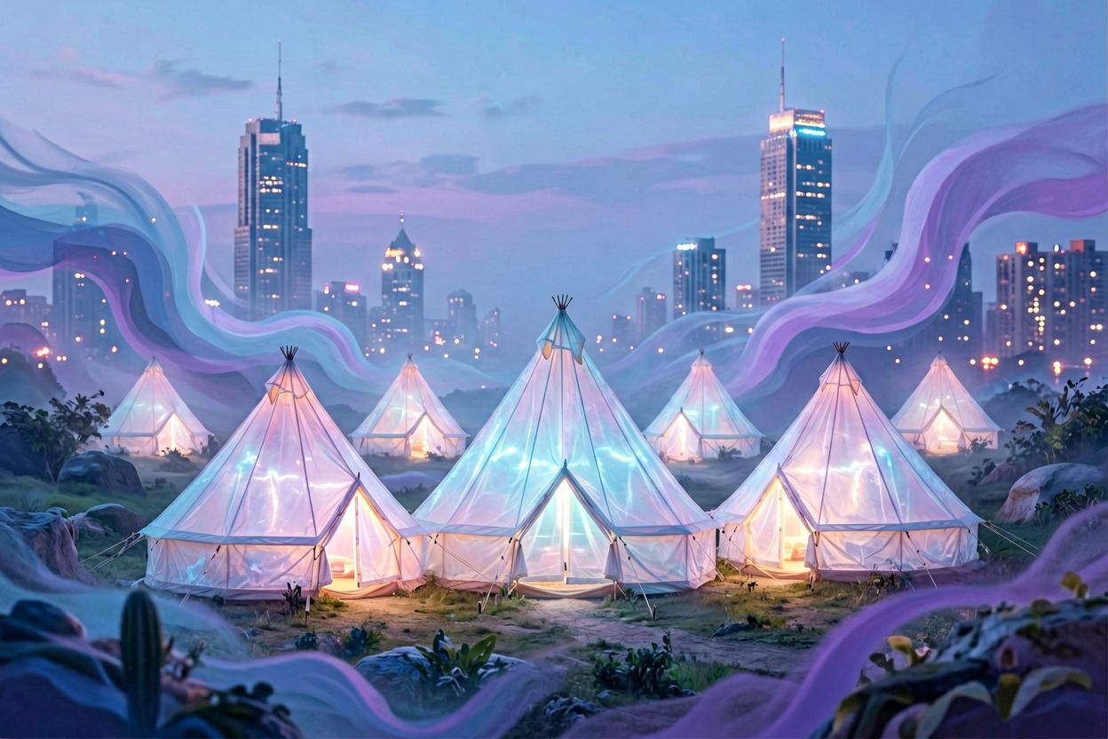 Tipi na tle nowoczesnej miejskiej architektury, nocą.