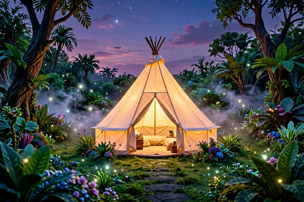 Tipi ustawione w ogrodzie przy domu na tle nieba