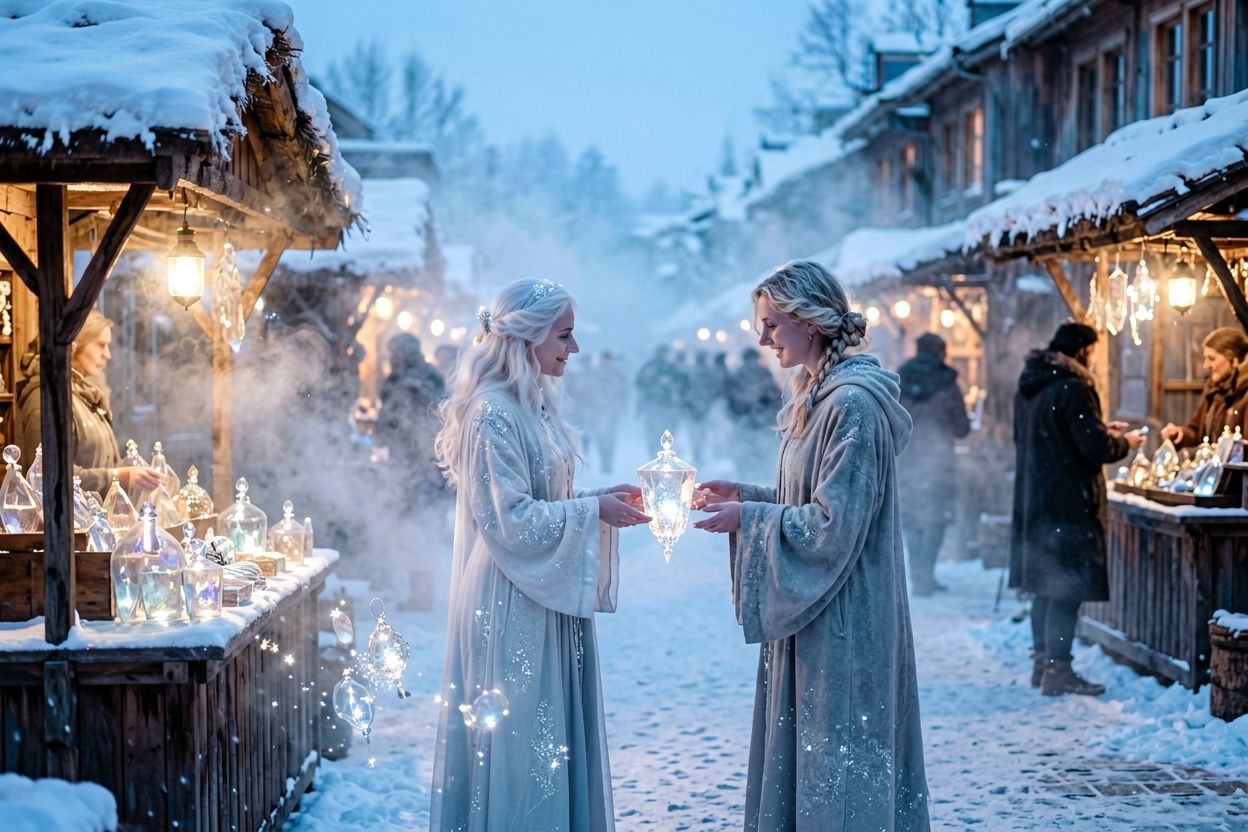 Targ zimą z zamarzniętymi stoiskami i śniegiem.