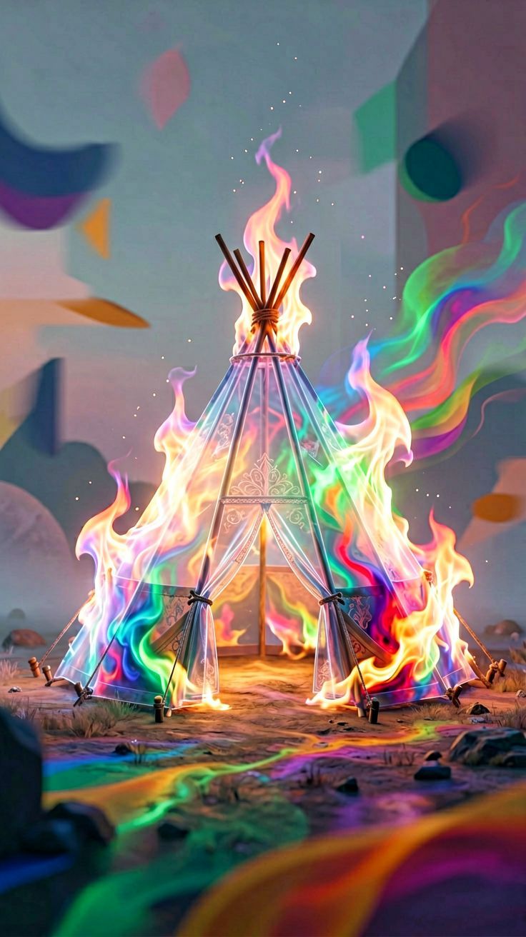 Płonące tipi symbolizujące gwałtowną przemianę w śnie.