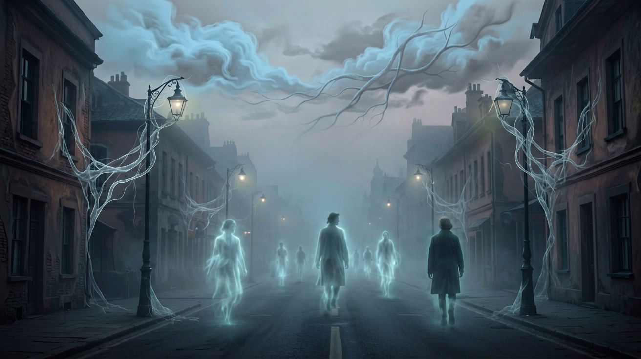 Ilustracja epidemii tyfusu w miejskim otoczeniu nocą