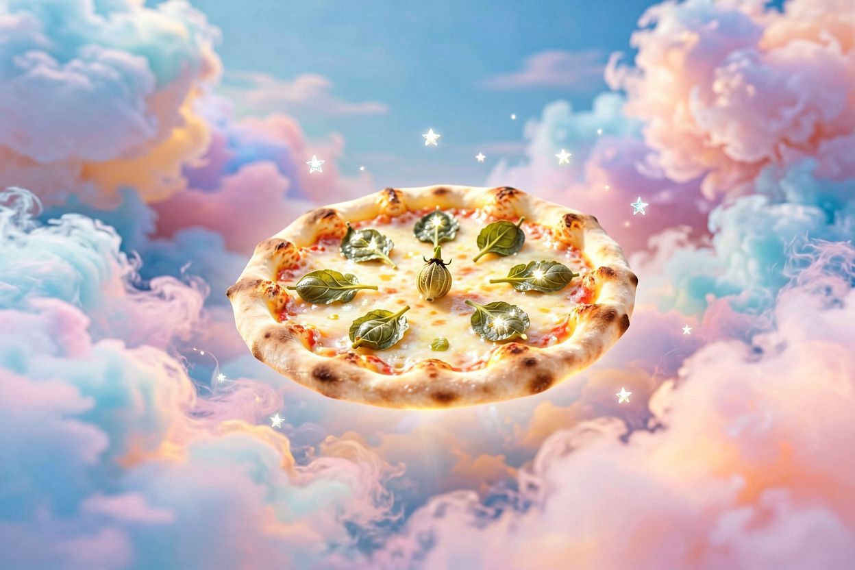 Sen o pizzy z kaparami na talerzu.