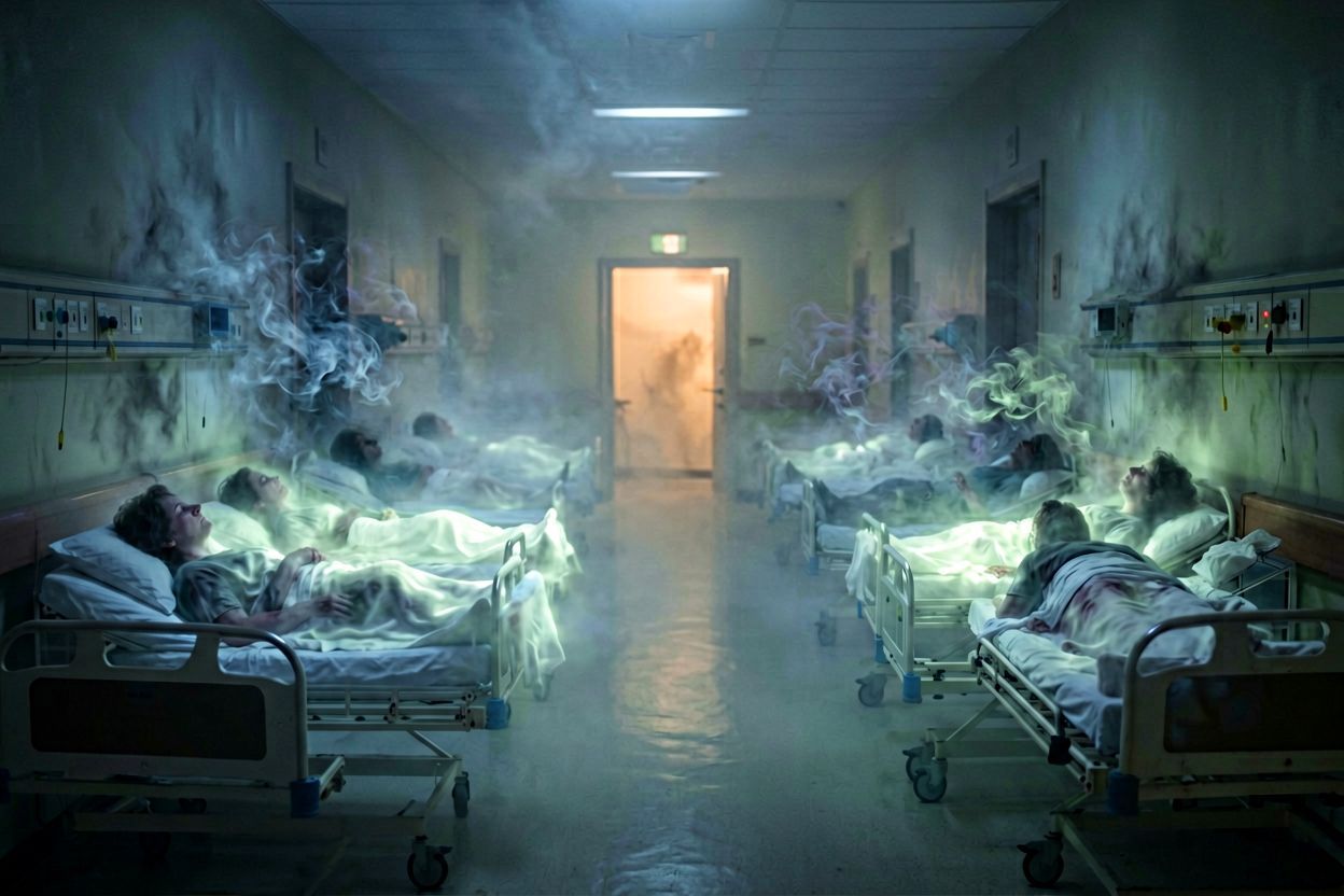 Chory pacjent w szpitalu podczas epidemii tyfusu.