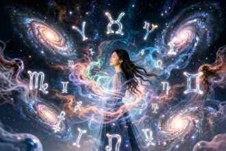 Symbol astrologii na tle nocnego nieba z gwiazdami