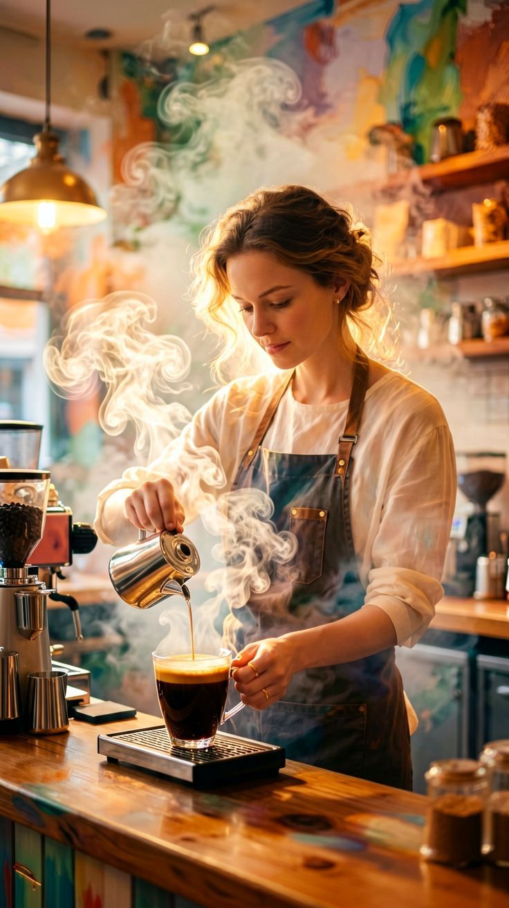 Barista serwujący kawę w przytulnej kawiarni.
