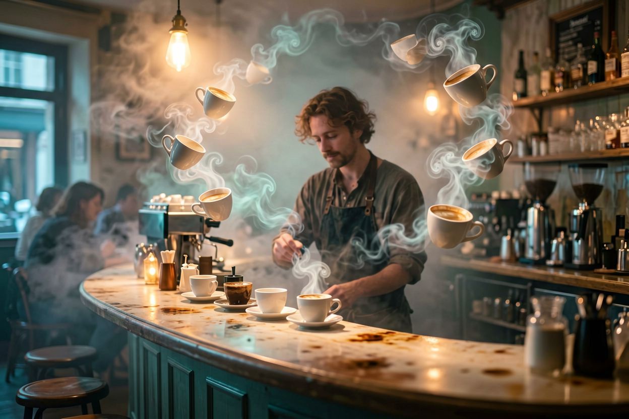 Barista zapominający o zamówieniu w kawiarni sennik
