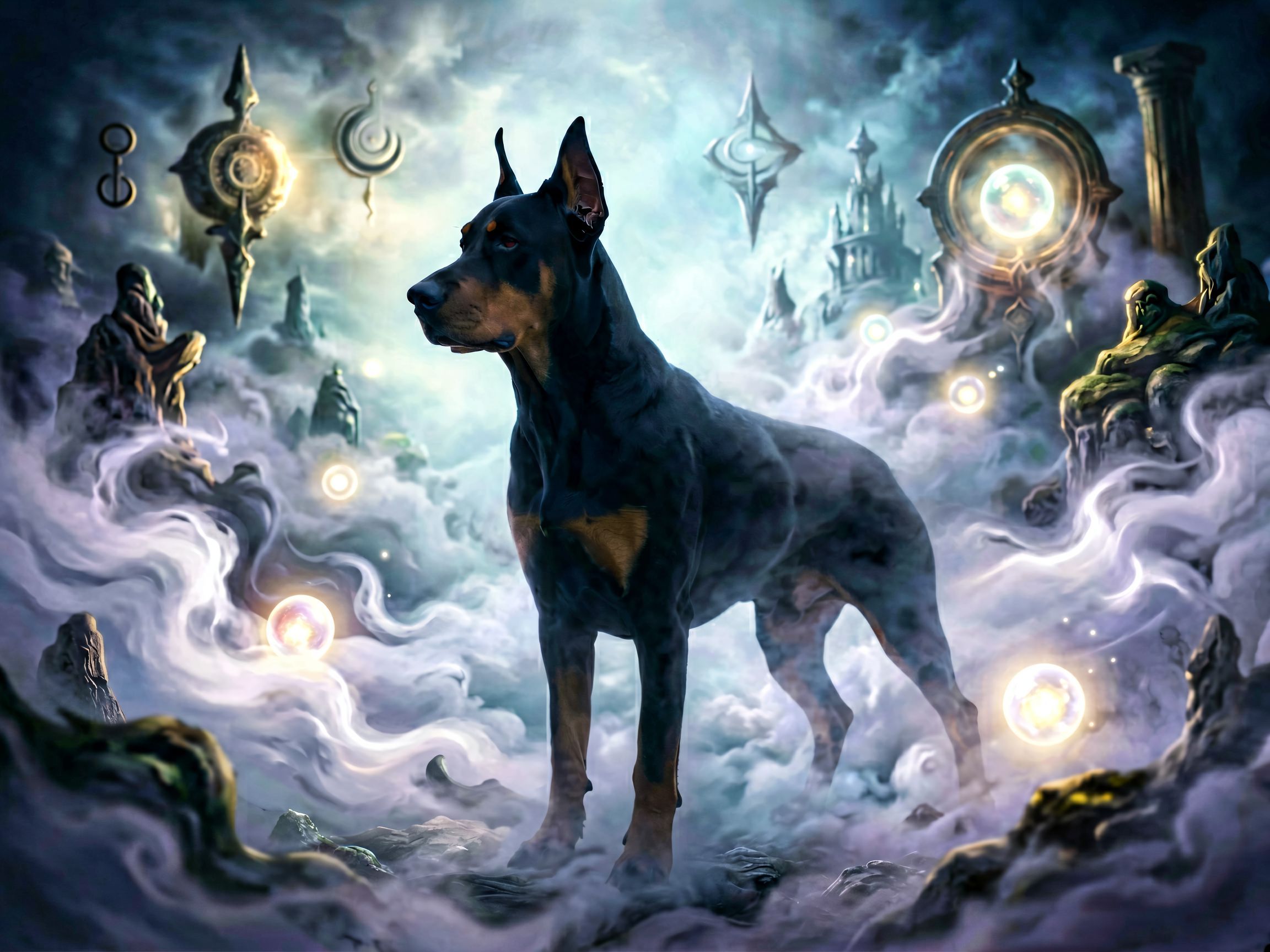 Doberman w nocnym śnie symbolizujący ochronę i lojalność