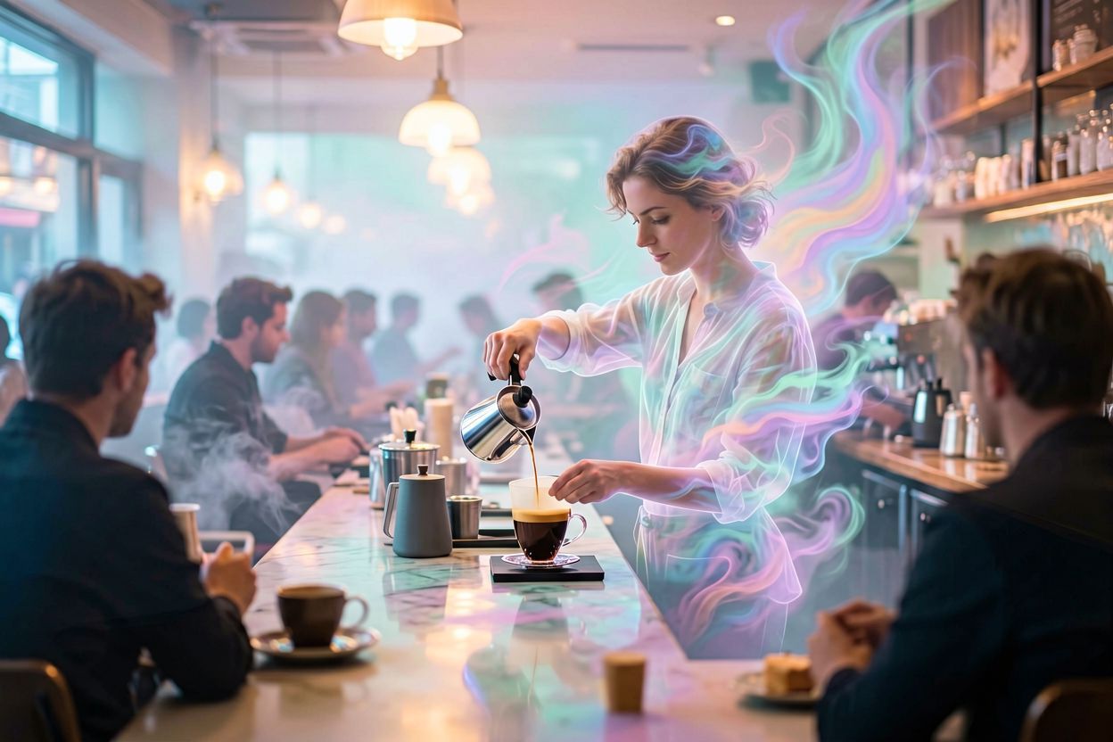 Barista pracujący za barem w zatłoczonej kawiarni.