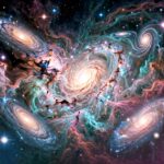 Ilustracja przestrzeni kosmicznej z gwiazdami i planetami.