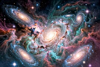 Ilustracja przestrzeni kosmicznej z gwiazdami i planetami.
