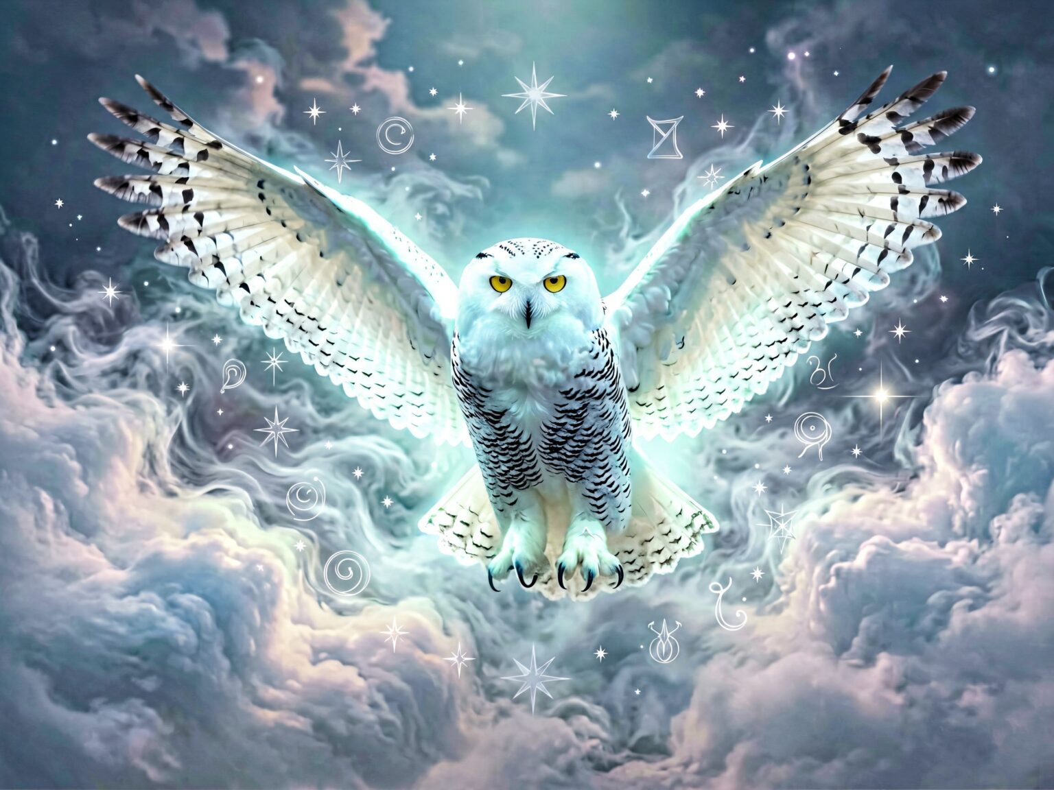 Sowa śnieżna na gałęzi w zimowym krajobrazie.