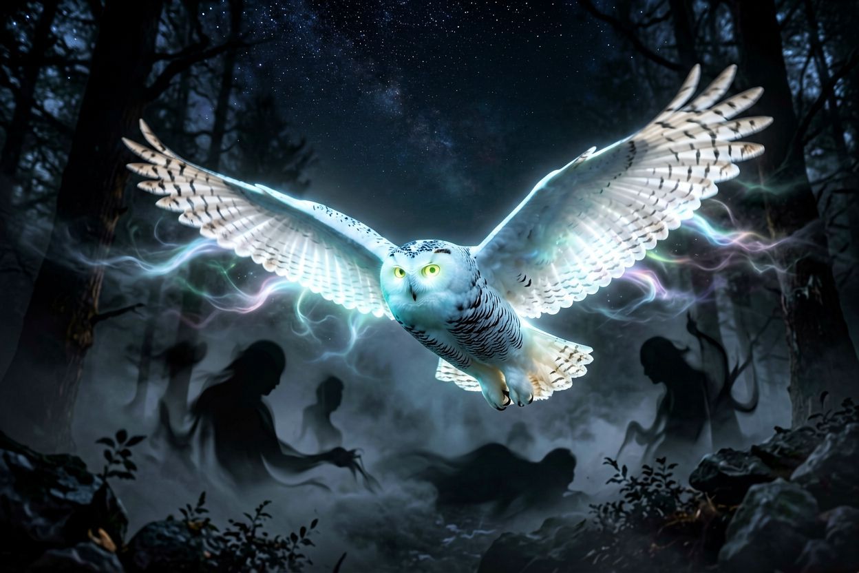 Sowa śnieżna nocą symbolizująca przewodnika podświadomości.