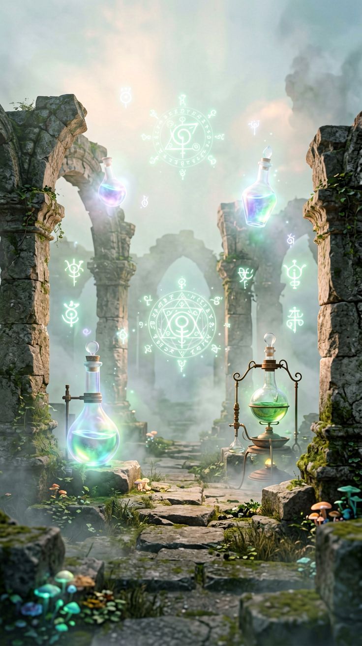 Warsztat alchemika w ruinach starożytnej cywilizacji nocą