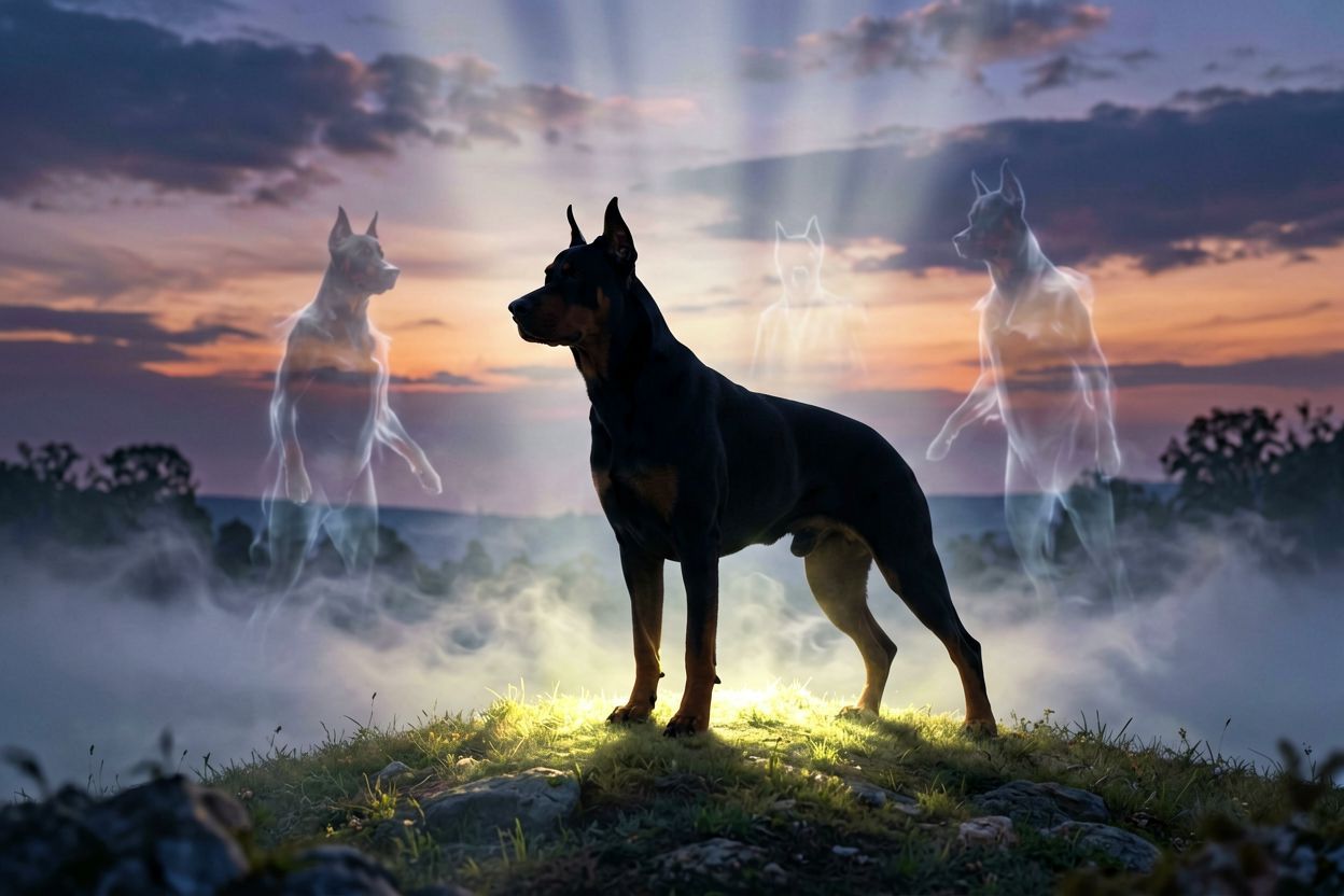 Doberman strzegący domu nocą, symbol ochrony.